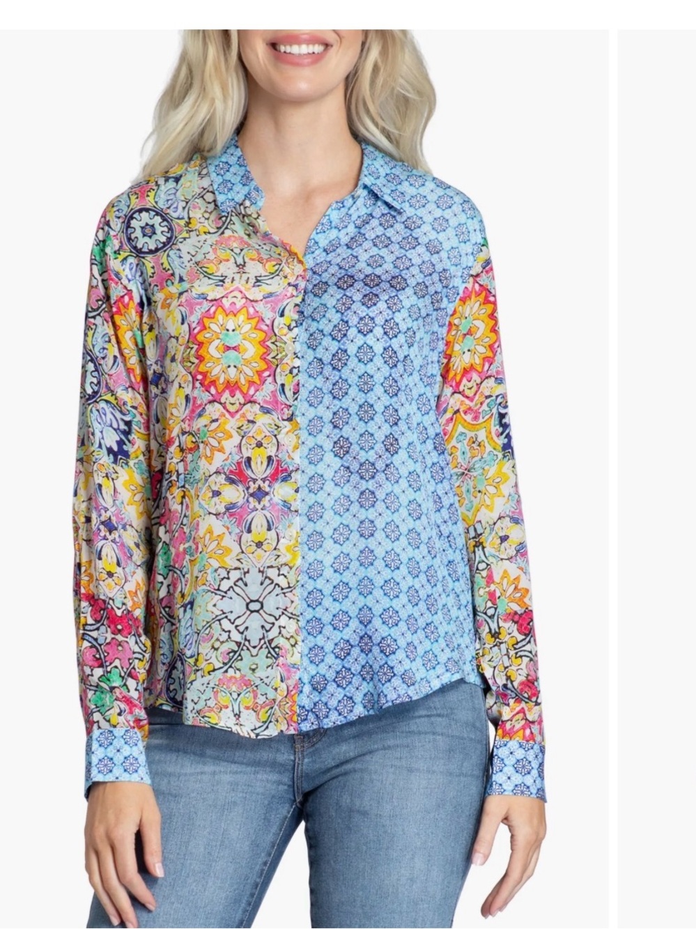 Women's Mixed Print Button-Down Shirt in Light Blue & Multicolor